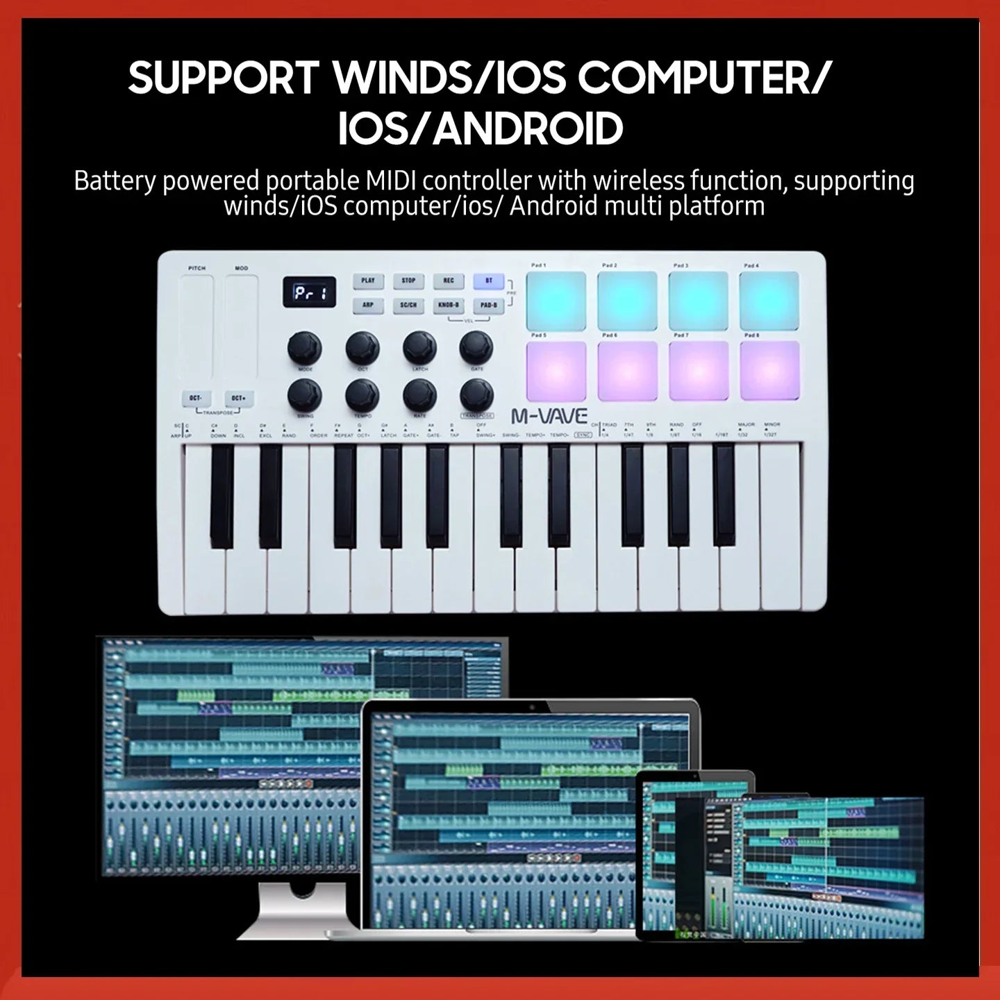 White m-wave portable midi controller with 25 velocity sensitive keys and rgb backlit pads mini portable usb keyboard