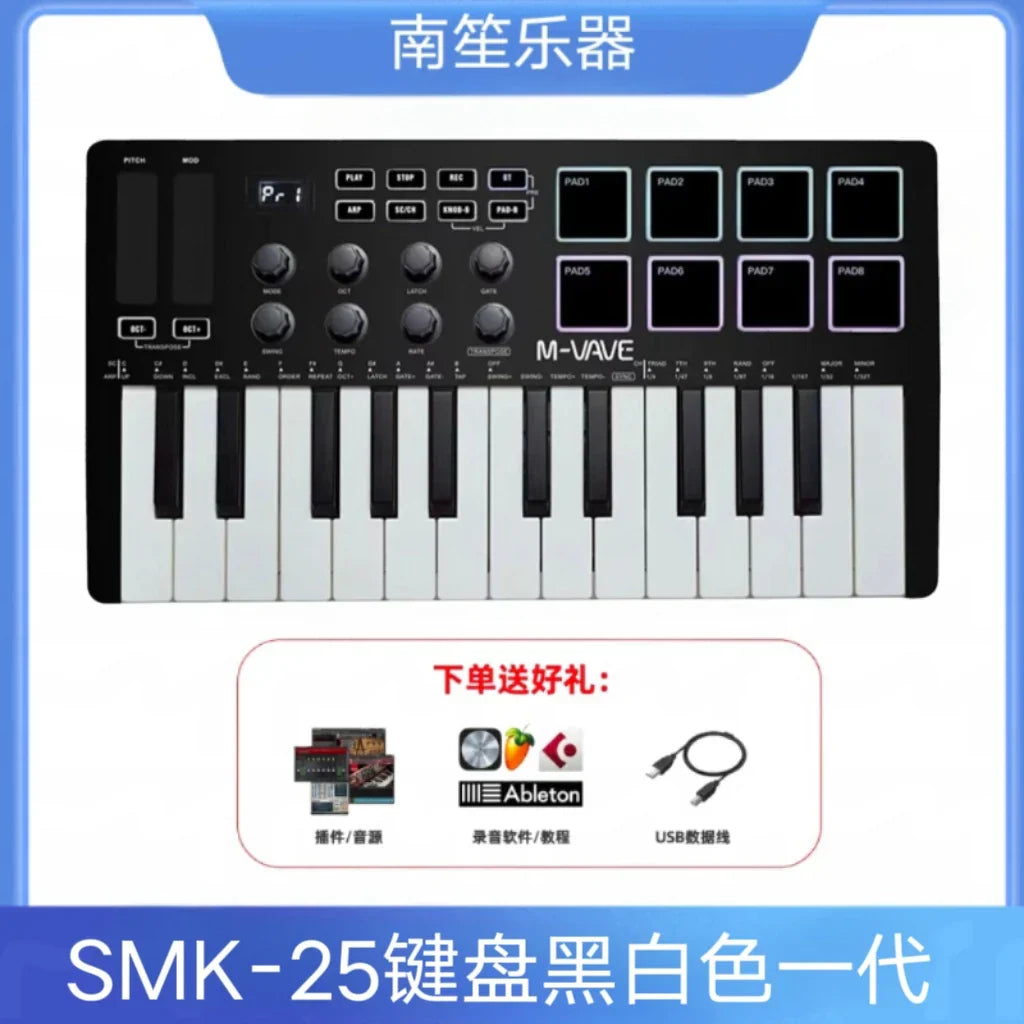 Black and white 25 key portable midi keyboard controller with illuminated drum pads wireless by nanchang instruments