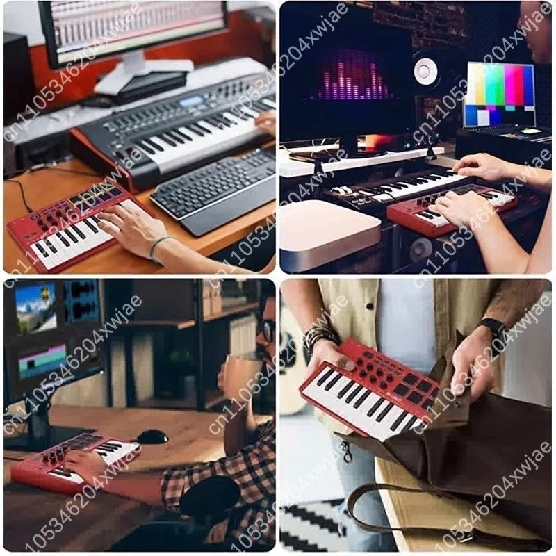 Red compact 25 key portable midi keyboard controller with black white keys, drum pads wireless, and sustain pedal support