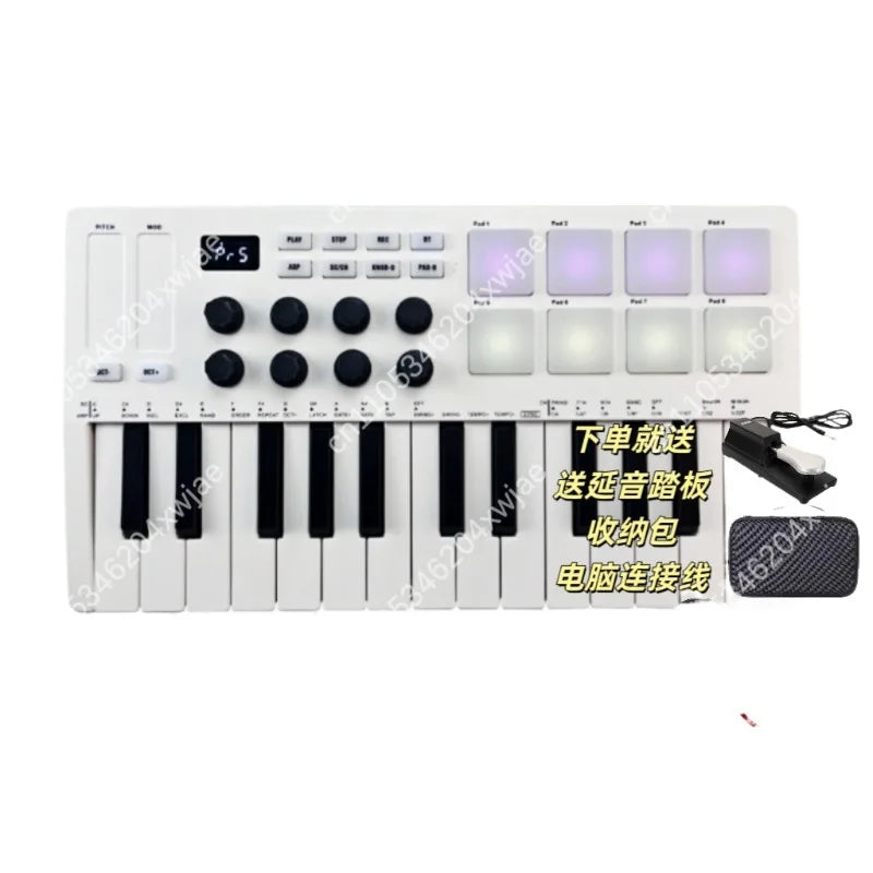 White 25 key portable midi keyboard controller with black keys knobs eight illuminated drum pads wireless Bluetooth connectivity