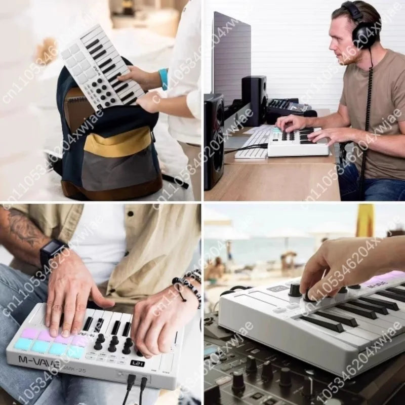 White m-audio viva 25 key midi keyboard controller with black and white keys, colorful drum pads wireless, and multiple knobs for music production and sustain pedal connection