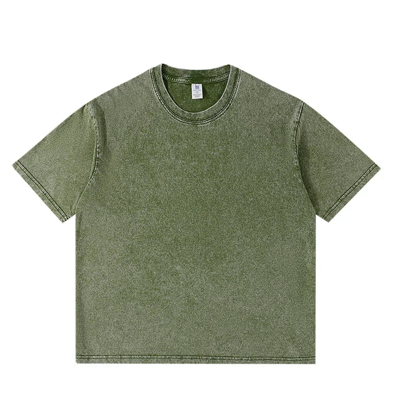 Olive green short-sleeved acid wash cotton shirt women harajuku with relaxed fit and subtle faded texture for hip hop retro style
