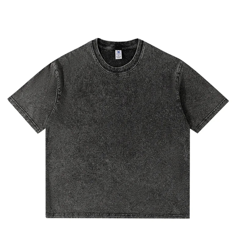 Dark gray slightly faded cotton shirt women harajuku with classic crew neck short sleeves hip hop retro acid wash tops