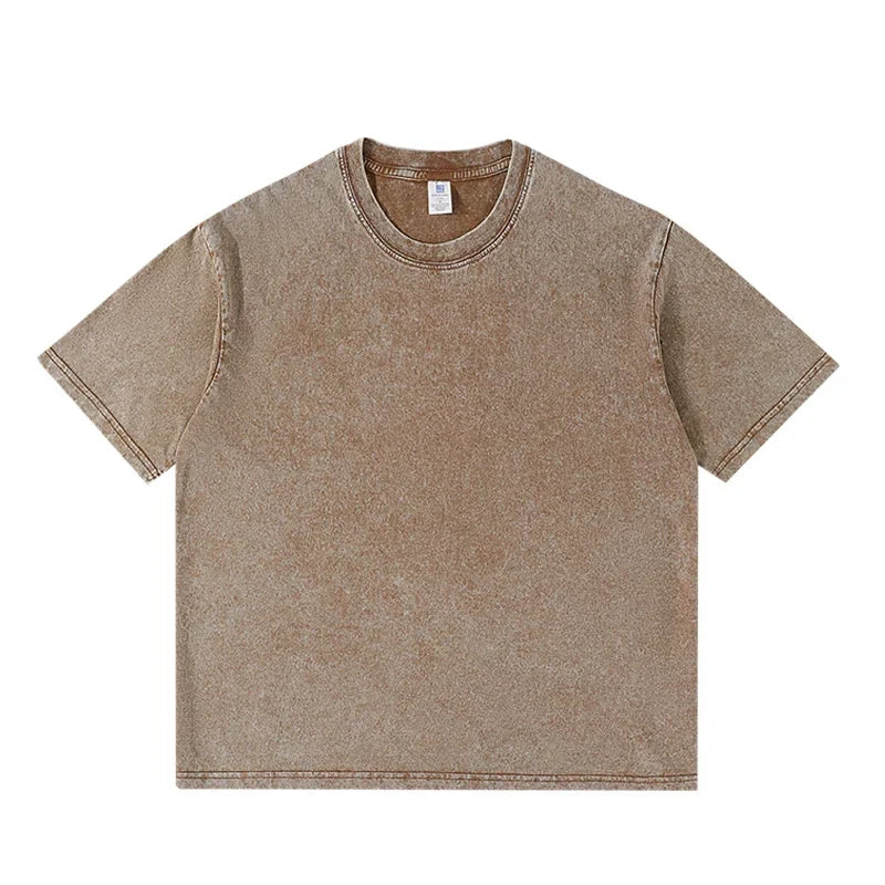 Beige short-sleeved cotton shirt women harajuku with relaxed fit and subtle faded texture hip hop retro acid wash tops