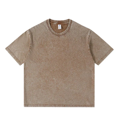 Beige short-sleeved cotton shirt women harajuku with relaxed fit and subtle faded texture hip hop retro acid wash tops