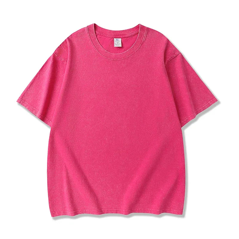 A vibrant pink oversized cotton shirt women harajuku with classic crew neck short sleeves hip hop retro acid wash tops