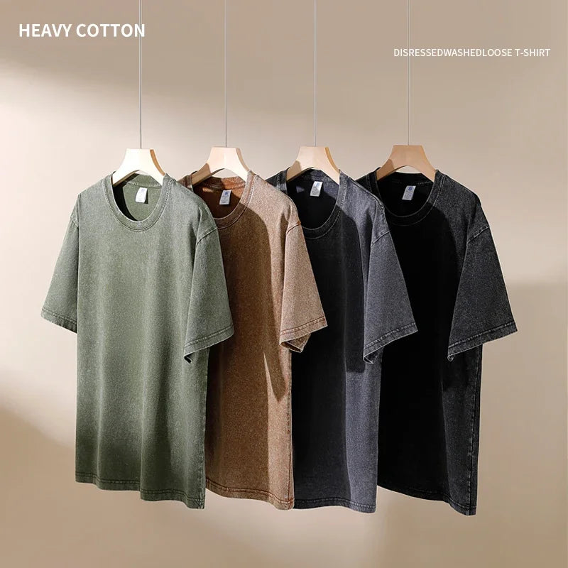 A collection of heavy cotton acid wash tops in olive, tan, charcoal, and black for shirt women harajuku hip hop retro style