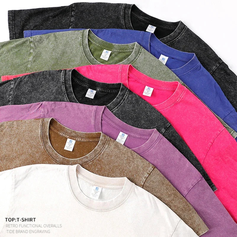 A collection of vibrant acid wash tops in assorted colors featuring 250gsm cotton for shirt women harajuku hip hop retro style
