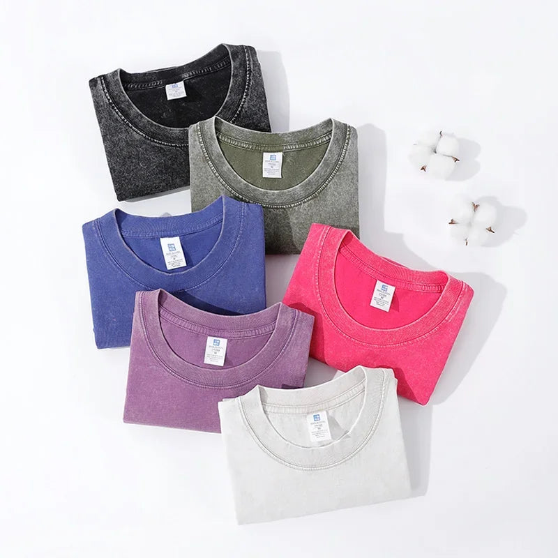 A collection of six folded cotton shirt women harajuku acid wash tops in faded black olive green blue purple pink and white