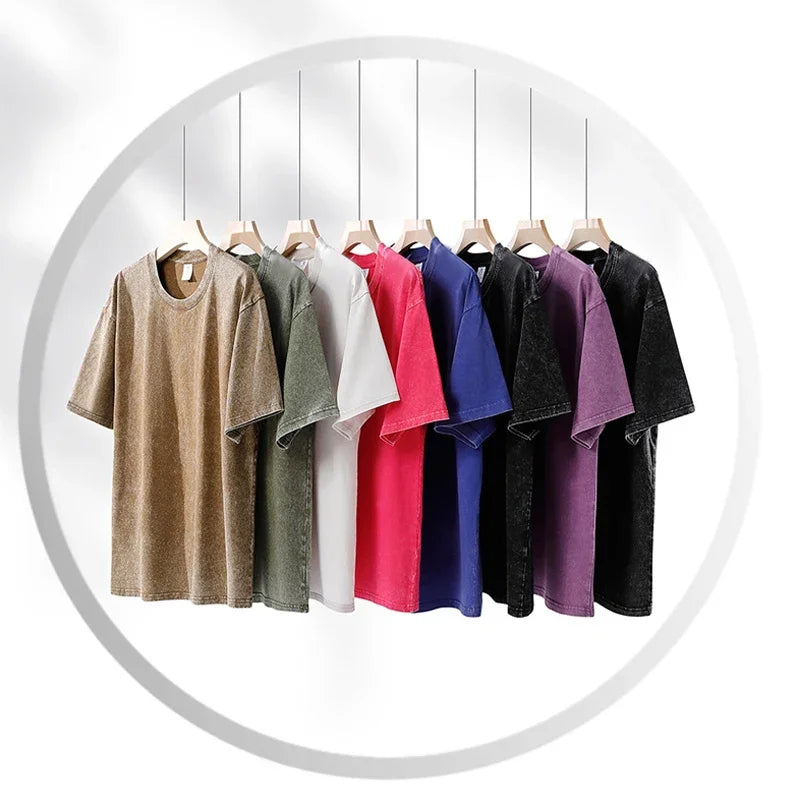 A collection of oversized acid wash tops in beige, olive, white, pink, blue, black, and purple cotton for shirt women harajuku
