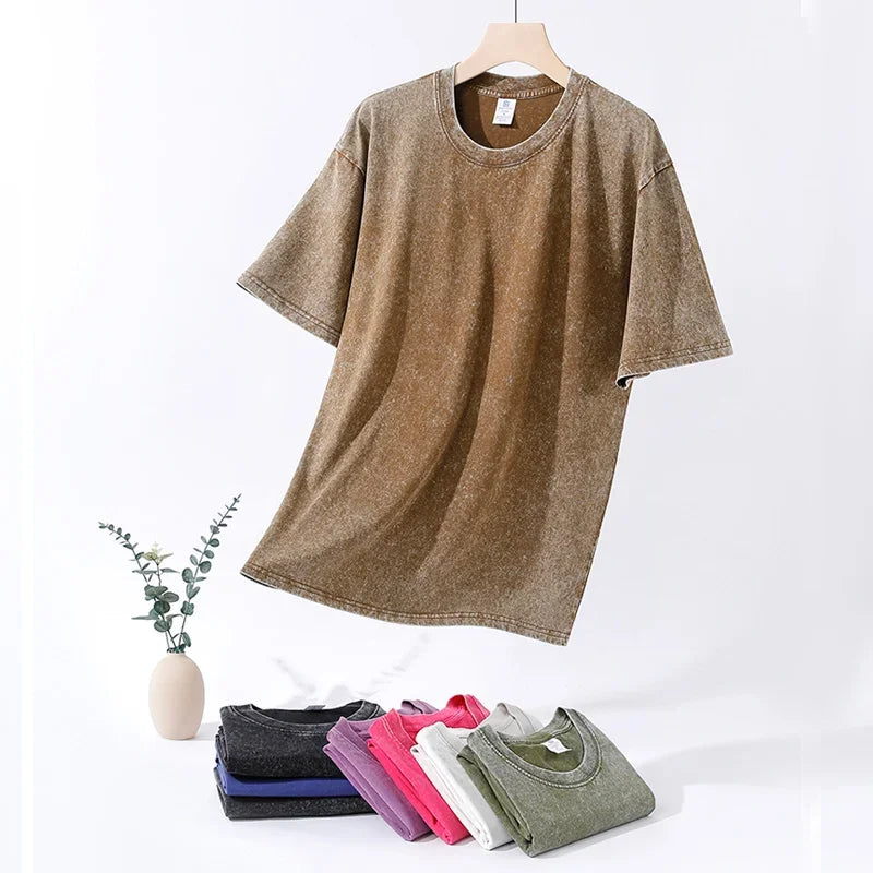A soft faded brown cotton shirt women harajuku with a relaxed fit short sleeves acid wash tops hip hop retro style