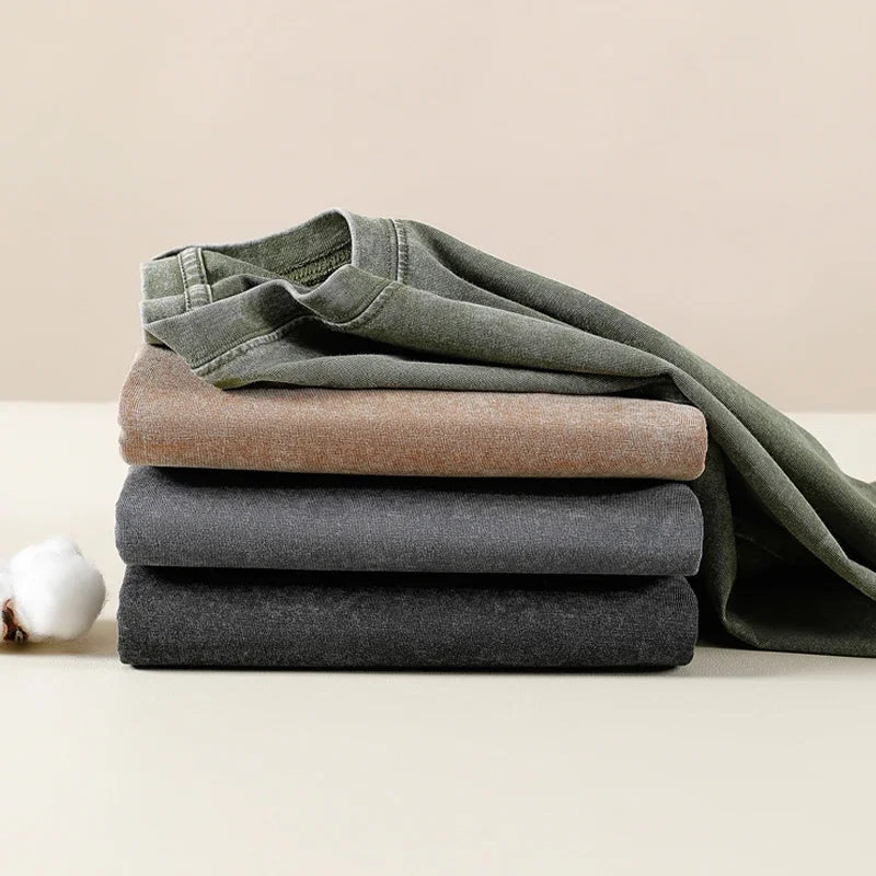 Stack of 250gsm cotton acid wash tops in muted olive taupe charcoal and dark gray for shirt women harajuku hip hop retro style