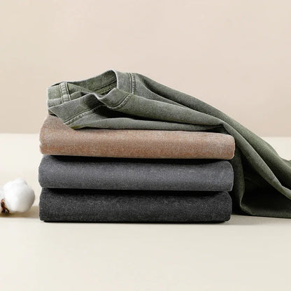 Stack of 250gsm cotton acid wash tops in muted olive taupe charcoal and dark gray for shirt women harajuku hip hop retro style