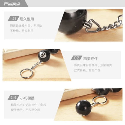 Black eight-ball billiard keychain mini with resin ball and metallic chain for keyring bar table decoration jewelry game