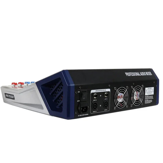 Black and silver 2800w high power microphone mixing console with blue accents two cooling fans and multiple speaker outputs