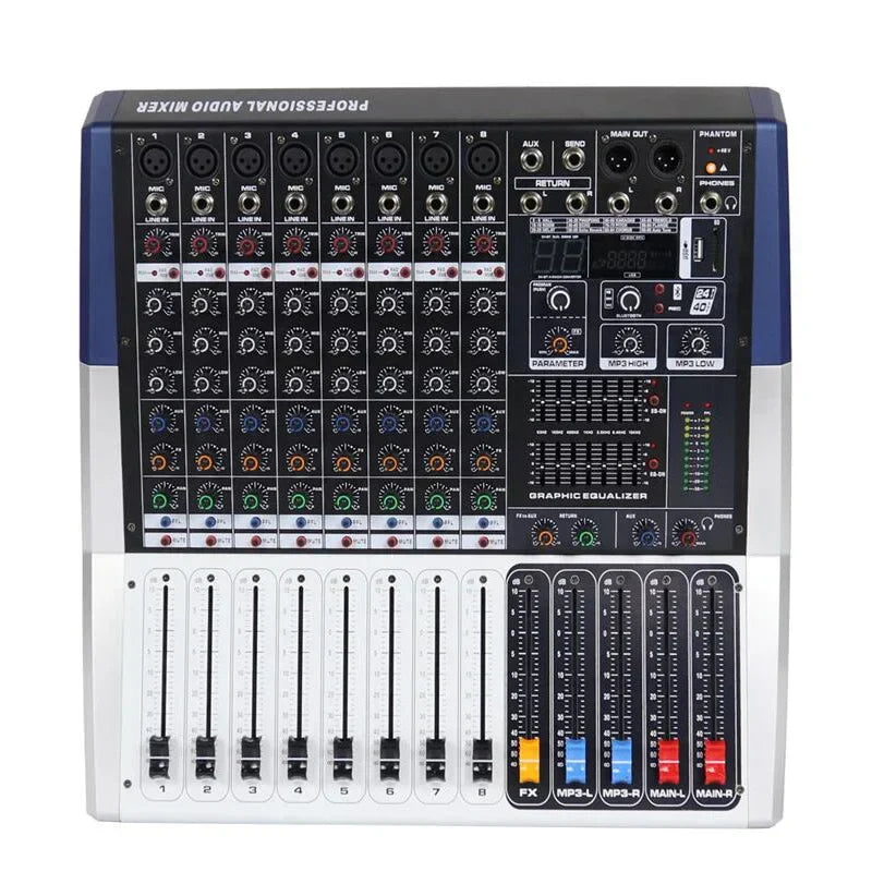 Black and white microphone mixing console with blue accents featuring 8 channels and power amplifier for perfect stage studio use