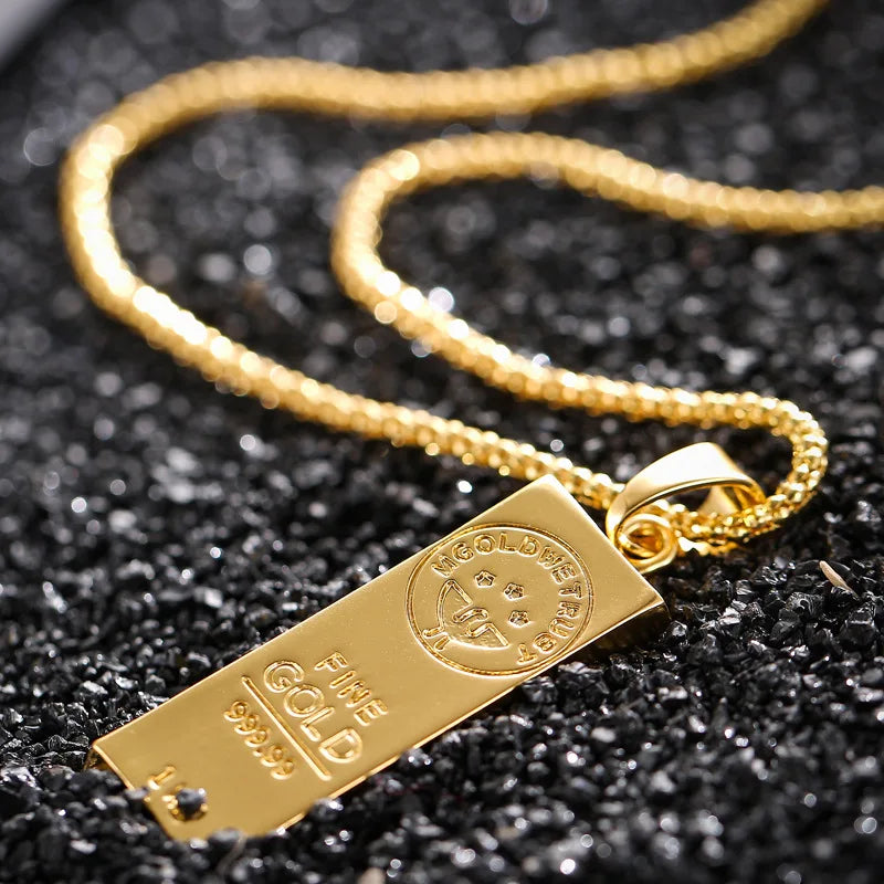 Yellow Gold Plated Hip Hop Gold Bar Bullion Pendant Collar Chains Necklace for Women Men Friends Couple Gift Fashion Jewelry