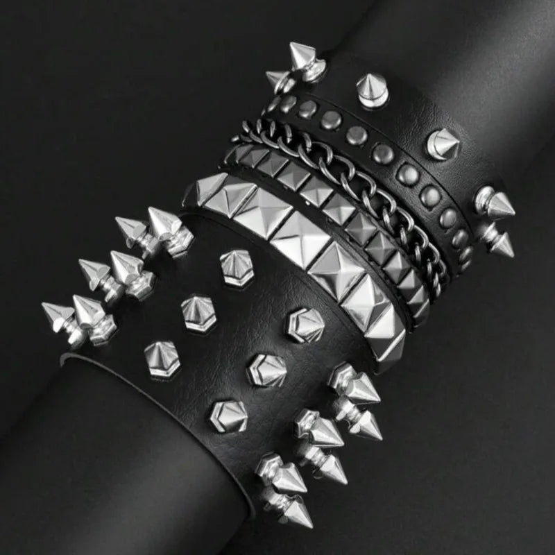 1Pc Hip Hop Men Goth PU Leather Wristband bracelet en cuir Vintage Cosplay Rock Spikes Rivet Chunky Cuff Black браслеты
