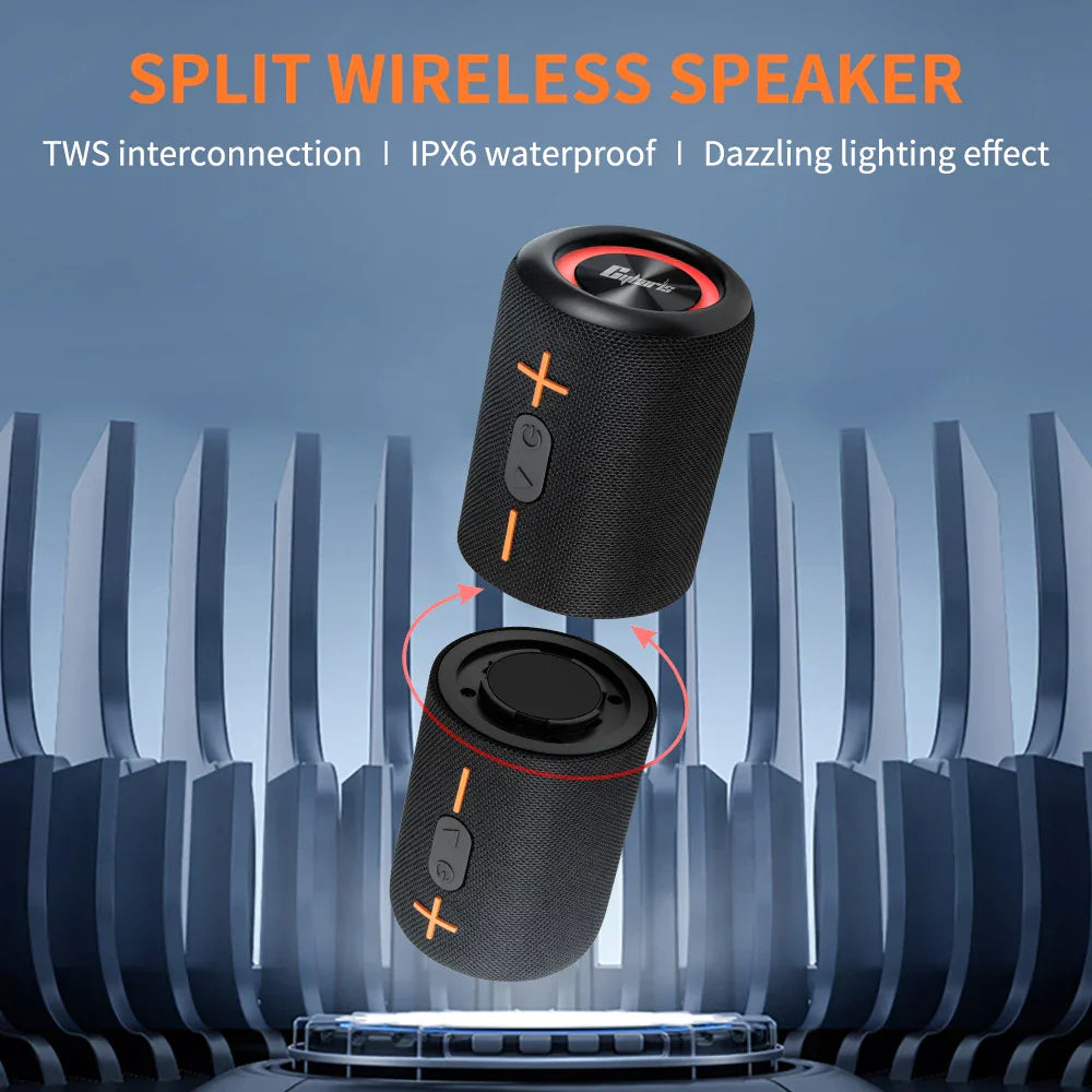 Black textured 2in1 s10 split wireless bluetooth speaker with orange rgb light aux and powerful ipx6 hifi stereo design