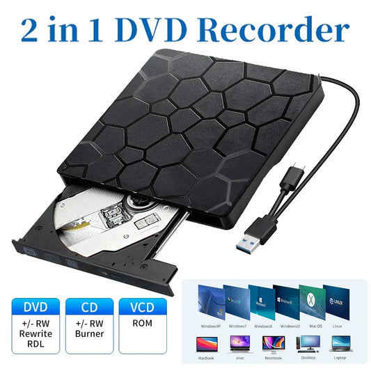 Black hexagonal-patterned 2in1 usb 3.0 type c external cd dvd portable dvd burner with silver disc partially ejected and usb cable attached