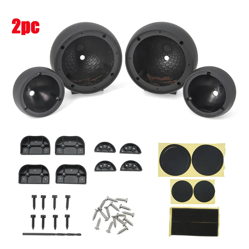 Black plastic spherical car speaker grilles with textured inner surfaces and mounting hardware for audio media holder
