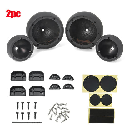 Black plastic spherical car speaker grilles with textured inner surfaces and mounting hardware for audio media holder