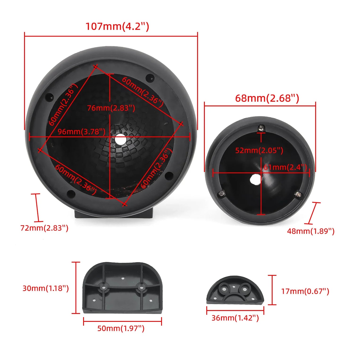 Black plastic car horn with detailed dimensional measurements for main unit and mounting base in 2pc car speaker bracket shell cover