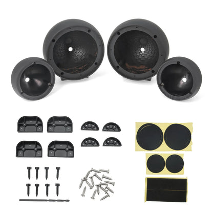 Black plastic dome-shaped speaker covers with textured interiors and mounting hardware for car audio mid-to-high-range use