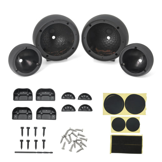 Black plastic dome-shaped speaker covers with textured interiors and mounting hardware for car audio mid-to-high-range use