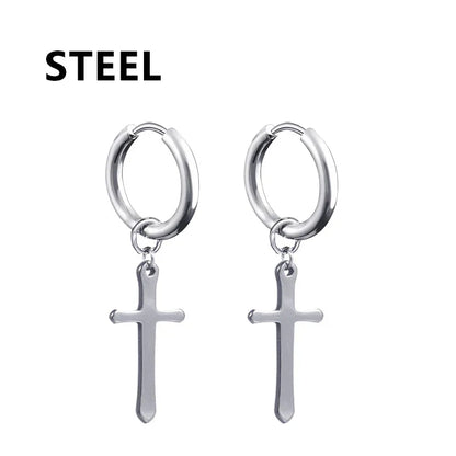 Silver cross dangle 2pc punk stainless steel small hoop earrings for women gothic cross and hip hop piercing style