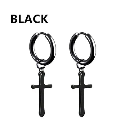 Black cross dangle hoop earrings with sleek matte finish 2pc punk stainless steel women gothic cross hip hop piercing