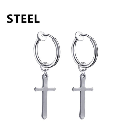 Silver cross dangling hoop earrings 2pc punk stainless steel for women gothic cross hip hop piercing style