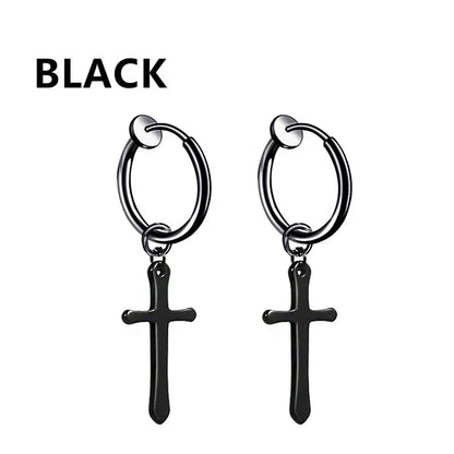 Black 2pc punk stainless steel small hoop earrings with women gothic cross design for hip hop piercing style