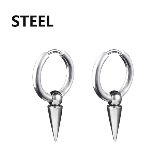 Silver-toned 2pc punk stainless steel small hoop earrings with pointed spikes for men and women hip hop piercing jewelry