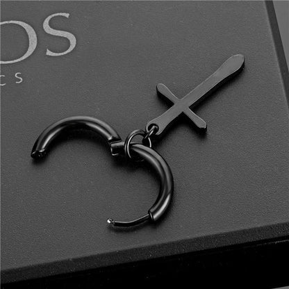 Black metal 2pc punk stainless small hoop earrings with cross-shaped sword charm for women gothic cross hip hop piercing