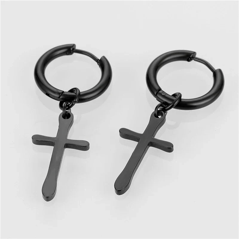 Black cross pendant earrings with sleek minimalist design matte finish 2pc punk stainless steel hip hop piercing jewelry