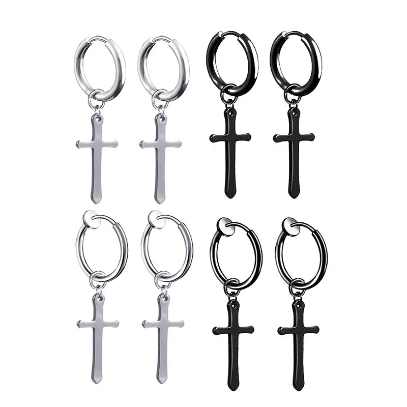 Set of eight 2pc punk stainless steel small hoop earrings in silver and black with women gothic cross hip hop piercing design