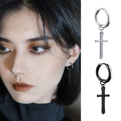 Silver and black cross drop 2pc punk stainless steel small hoop earrings for women gothic cross hip hop piercing