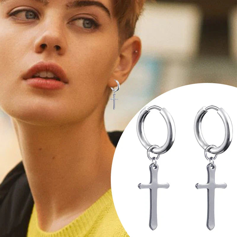 Silver 2pc punk stainless steel small hoop earrings with dangling women gothic cross charms for hip hop piercing