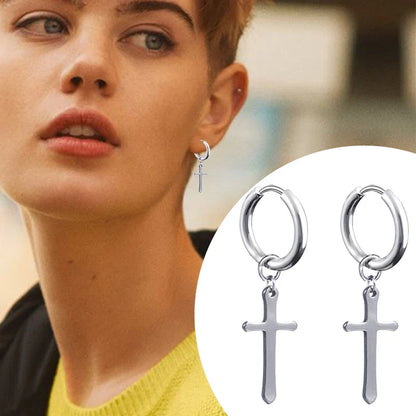 Silver 2pc punk stainless steel small hoop earrings with dangling women gothic cross charms for hip hop piercing
