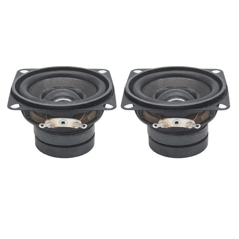 Black square-shaped 2 inch 4 ohm 10w speakers with dual magnetic drivers and visible internal components for home theater use