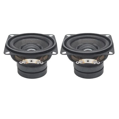 Black square-shaped 2 inch 4 ohm 10w speakers with dual magnetic drivers and visible internal components for home theater use