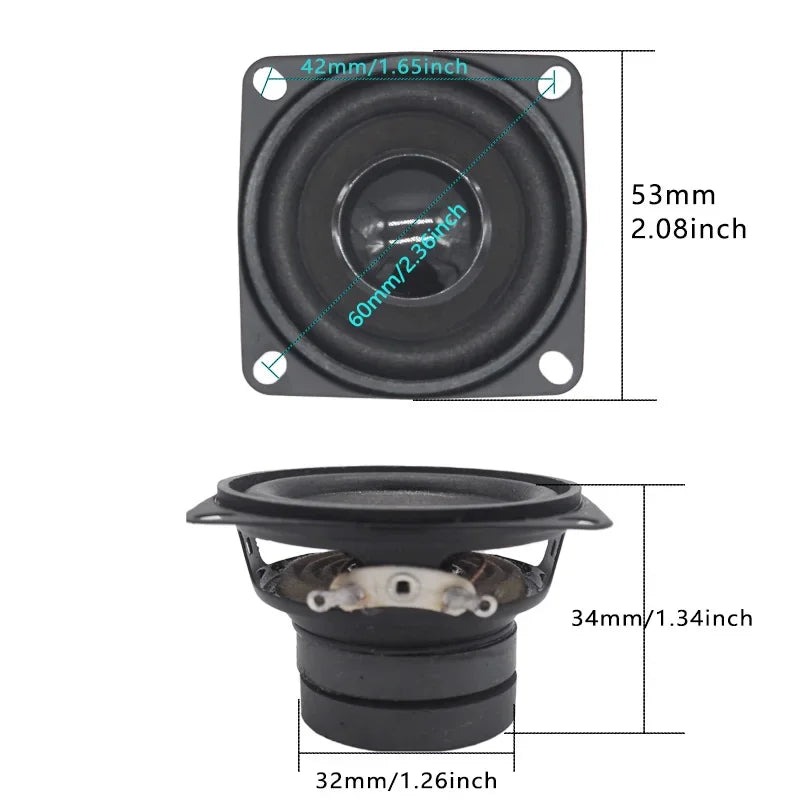 Black square 2.3 inch 4 ohm 10w dual magnetic speaker with circular cone and mounting holes for portable audio use