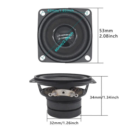 Black square 2.3 inch 4 ohm 10w dual magnetic speaker with circular cone and mounting holes for portable audio use