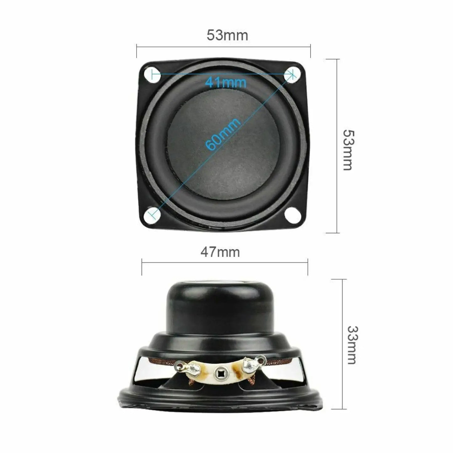 Black 53mm square full range speaker with 60mm cone and mounting holes for portable bluetooth amplifiers