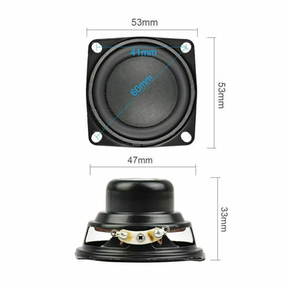 Black 53mm square full range speaker with 60mm cone and mounting holes for portable bluetooth amplifiers