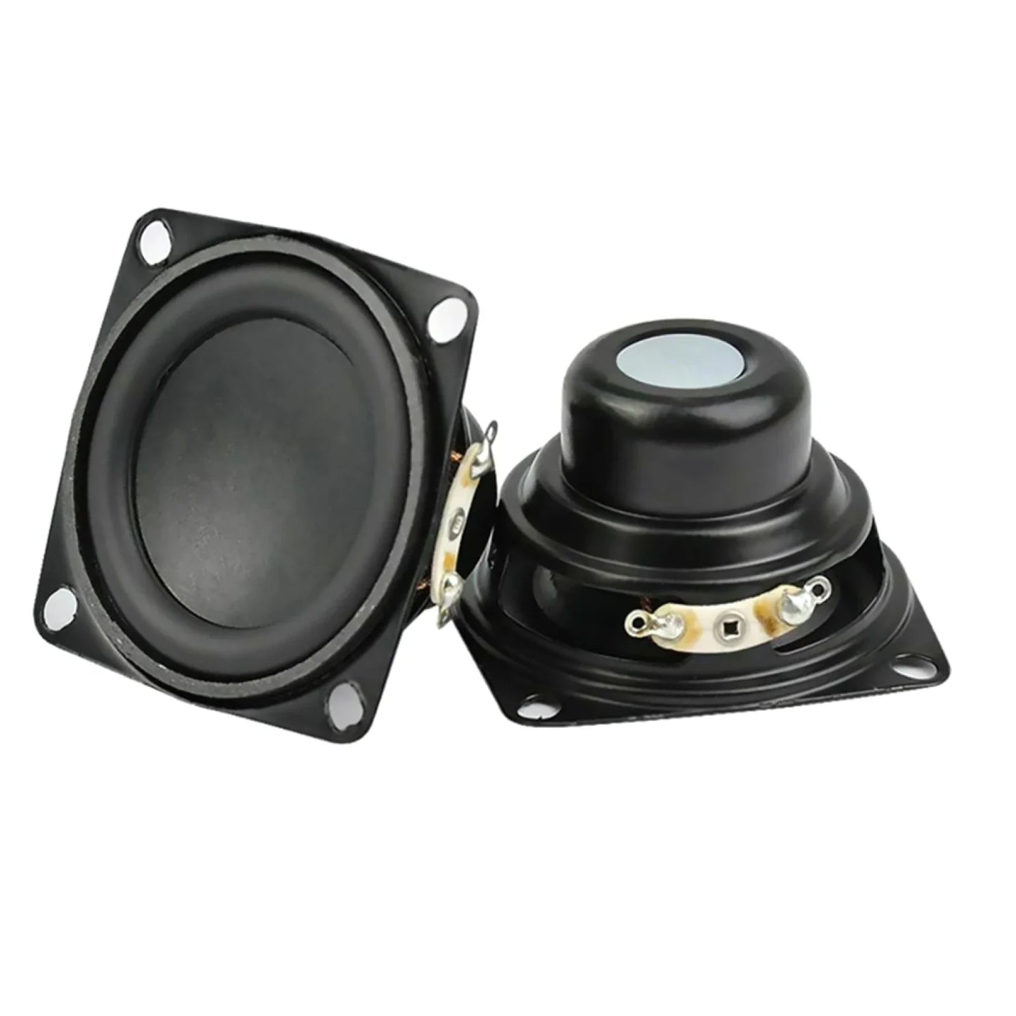 Black square full range speaker drivers with matte finish and metallic terminals for jbl charge 3 amplifier use