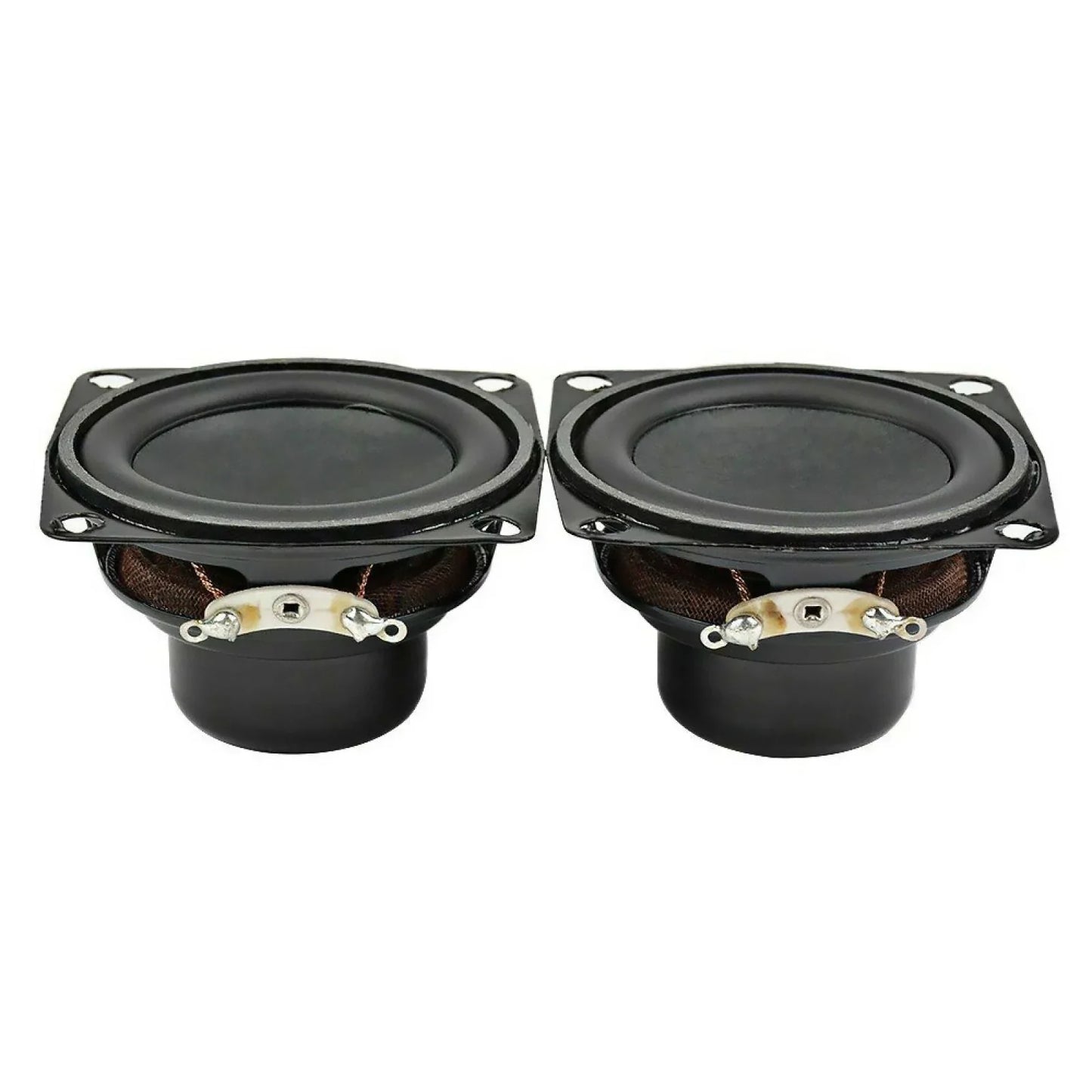 Black square-shaped 2 inch full range speaker with matte finish and metallic brackets for diy bluetooth amplifiers