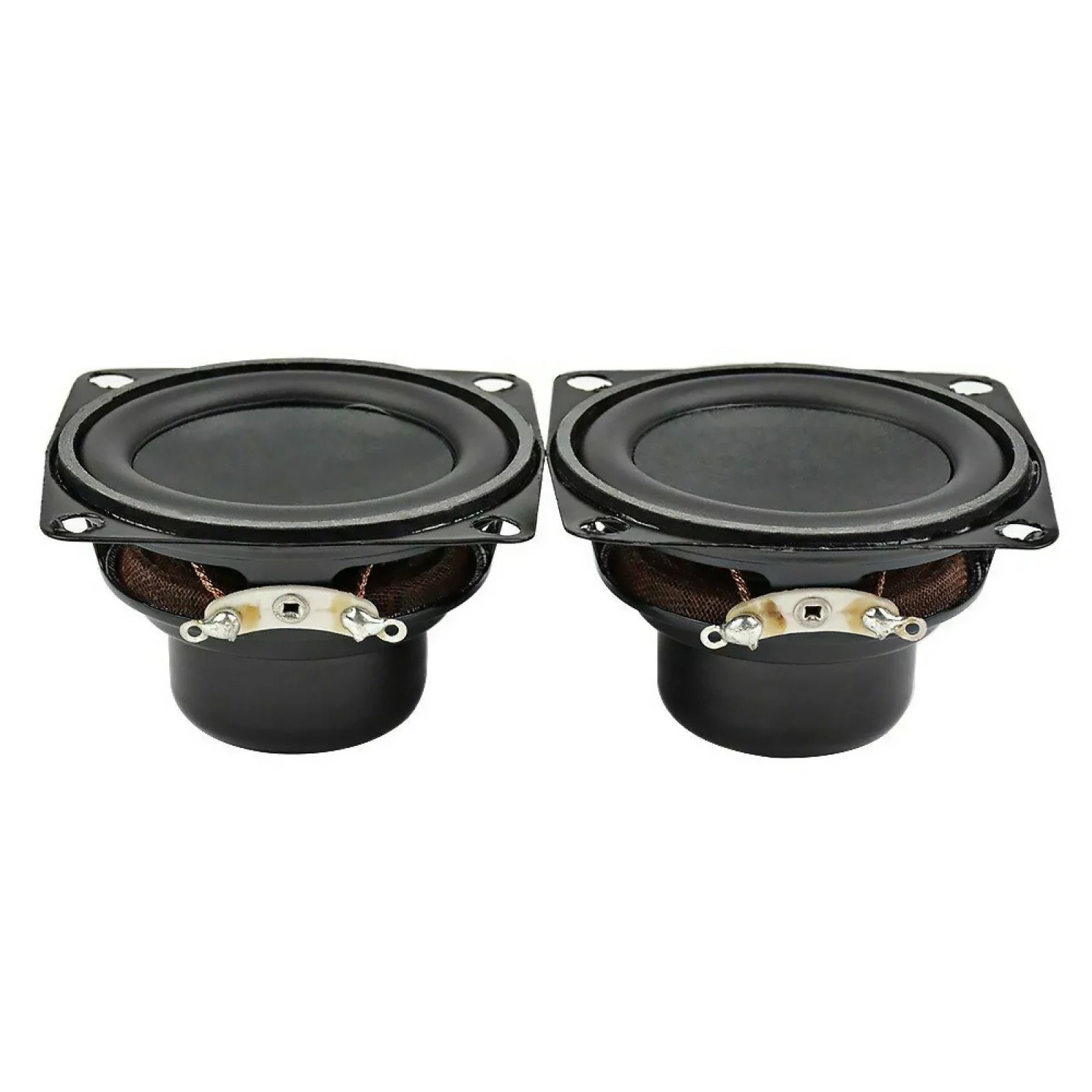 Black square-shaped 2 inch full range speaker with matte finish and metallic brackets for diy bluetooth amplifiers