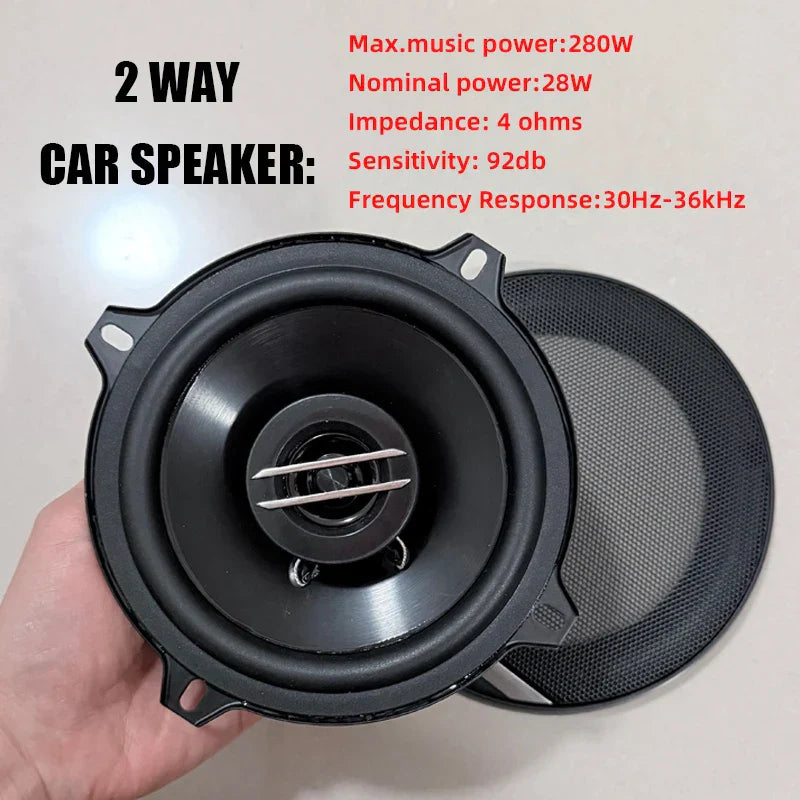 Black 2-way 5 inch hifi coaxial speaker subwoofer 280w car with matte finish silver tweeter and mesh grille